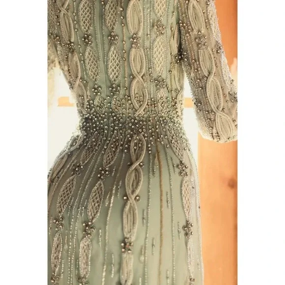 Mac Duggal NEW Embellished Mesh Long Sleeve A Line Gown Nude Sage $1,798 Size 10 - Picture 14 of 16